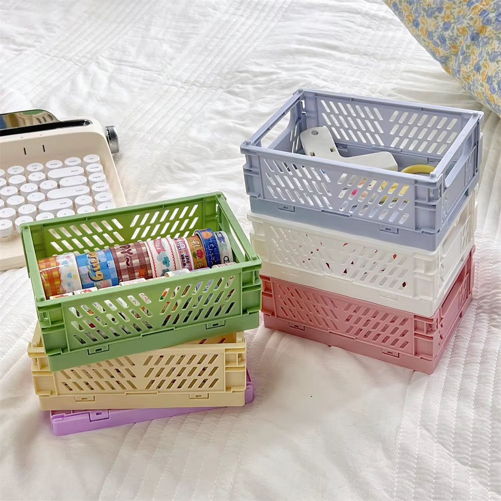 6-Color Foldable Storage Baskets for Desk Organization - Plastic Container for Stationery and Tape