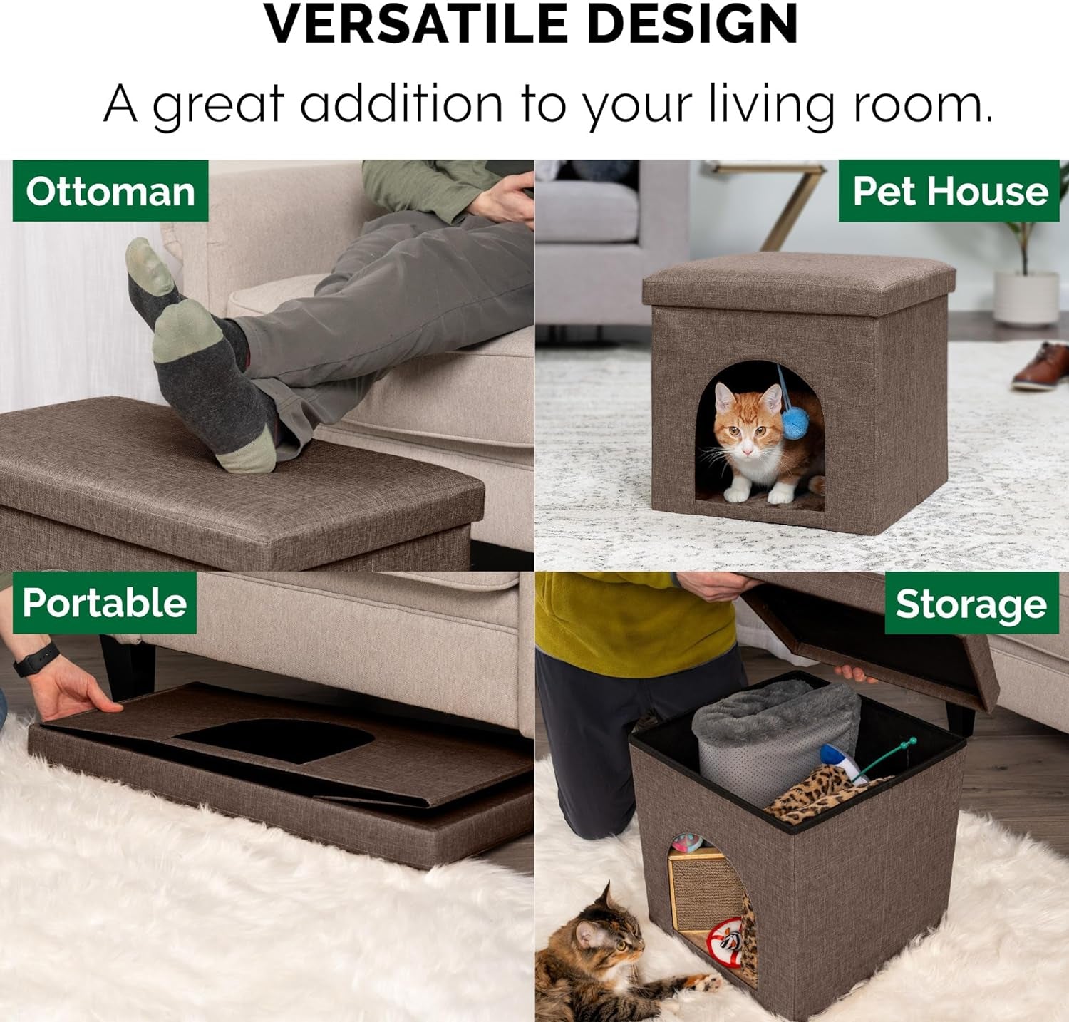 Cozy Coconut Brown Indoor Cat & Small Dog House - Collapsible Footstool Condo with Plush Toy