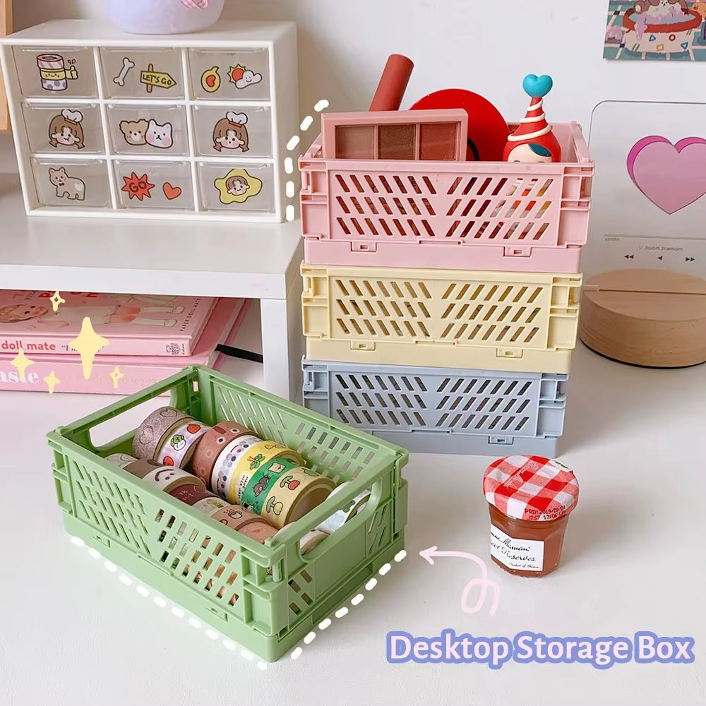 6-Color Foldable Storage Baskets for Desk Organization - Plastic Container for Stationery and Tape