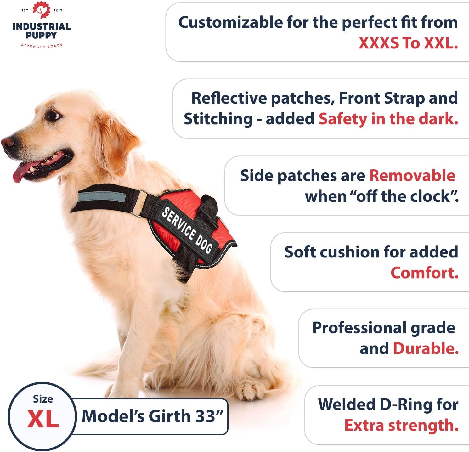 Professional Adjustable Service Dog Harness with Handle - 8 Size Options (XXXS to XXL) - Reflective Patch and Comfortable Mesh Design in Vibrant Red