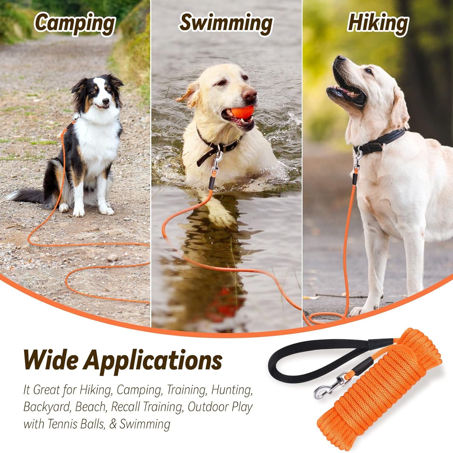 Professional Dog Training Check Cord with Ergonomic Handle, Available in 10Ft, 15Ft, 30Ft, and 50Ft for All Dog Sizes