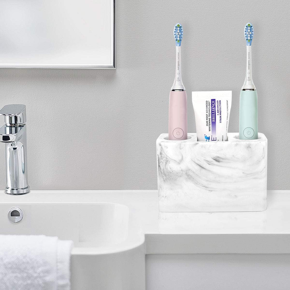 Stylish Large Marble Electric Toothbrush Holder - Keep Your Bathroom Organized with This Chic 3-Slot Resin Stand in Ink White!