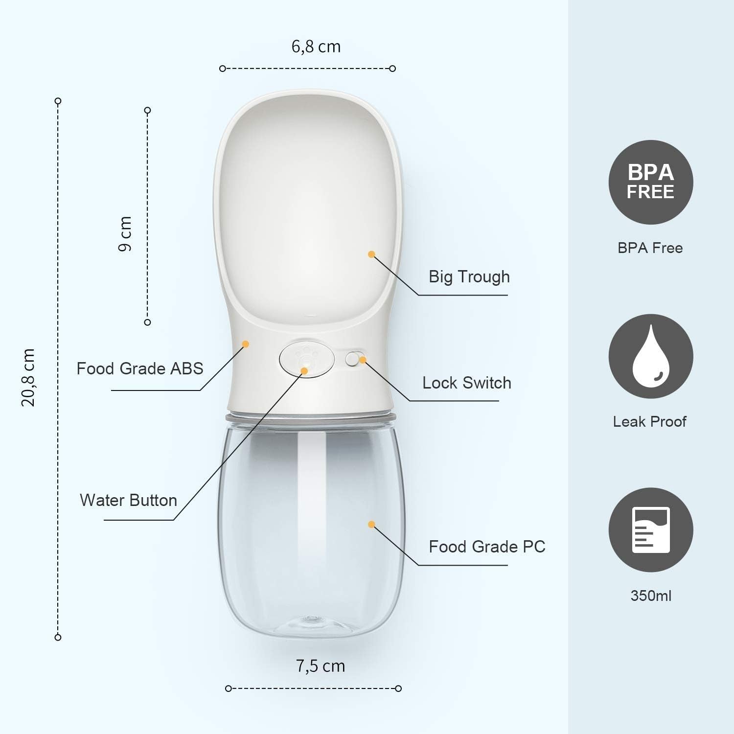 Portable Leak-Proof Dog Water Bottle with Feeder, 12oz - Travel-Friendly Design in Milk White