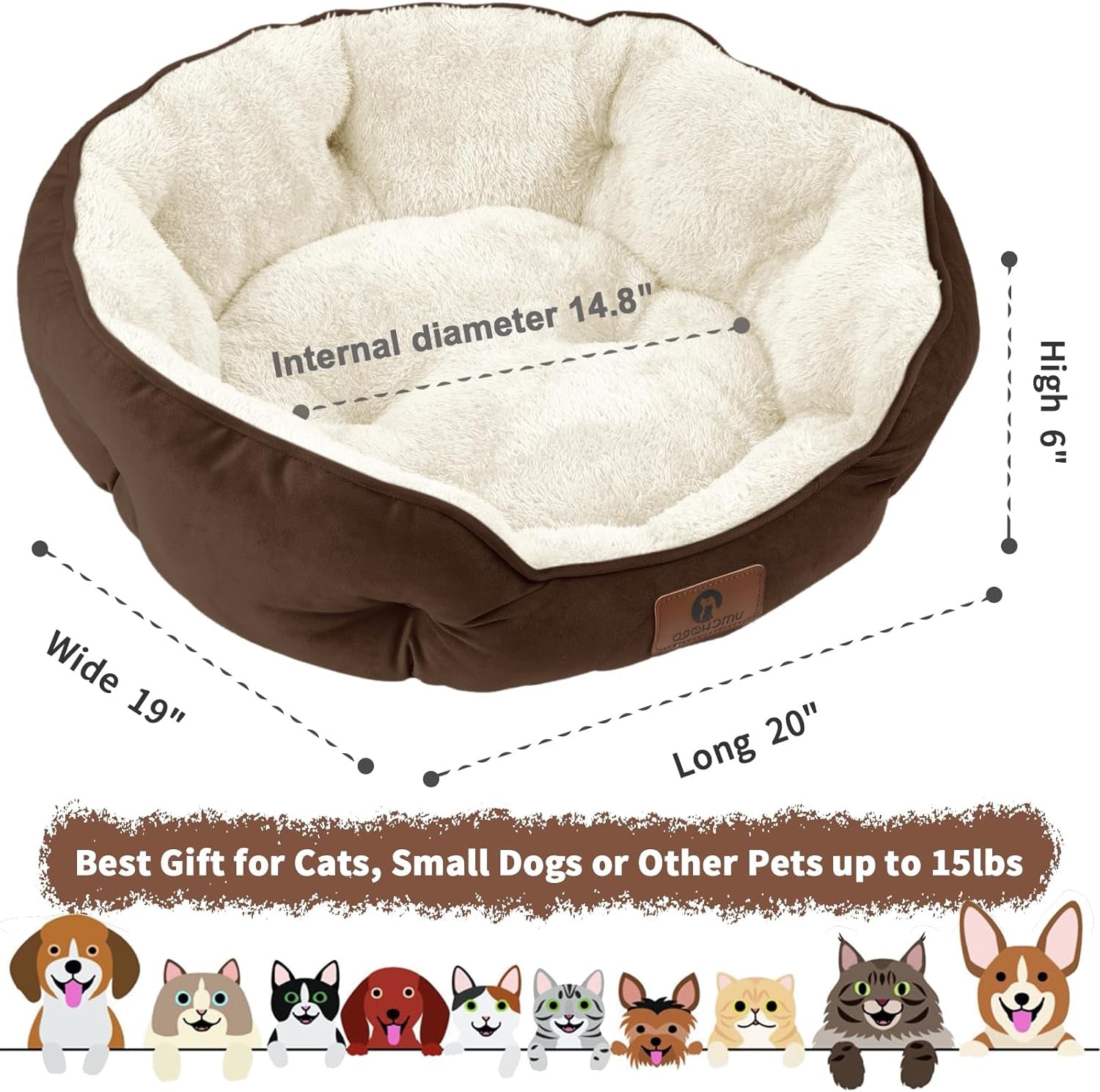 20-Inch Indoor Small Dog and Cat Bed, Ultra-Soft, Machine Washable, Anti-Slip, Water-Resistant Oxford Base, Brown