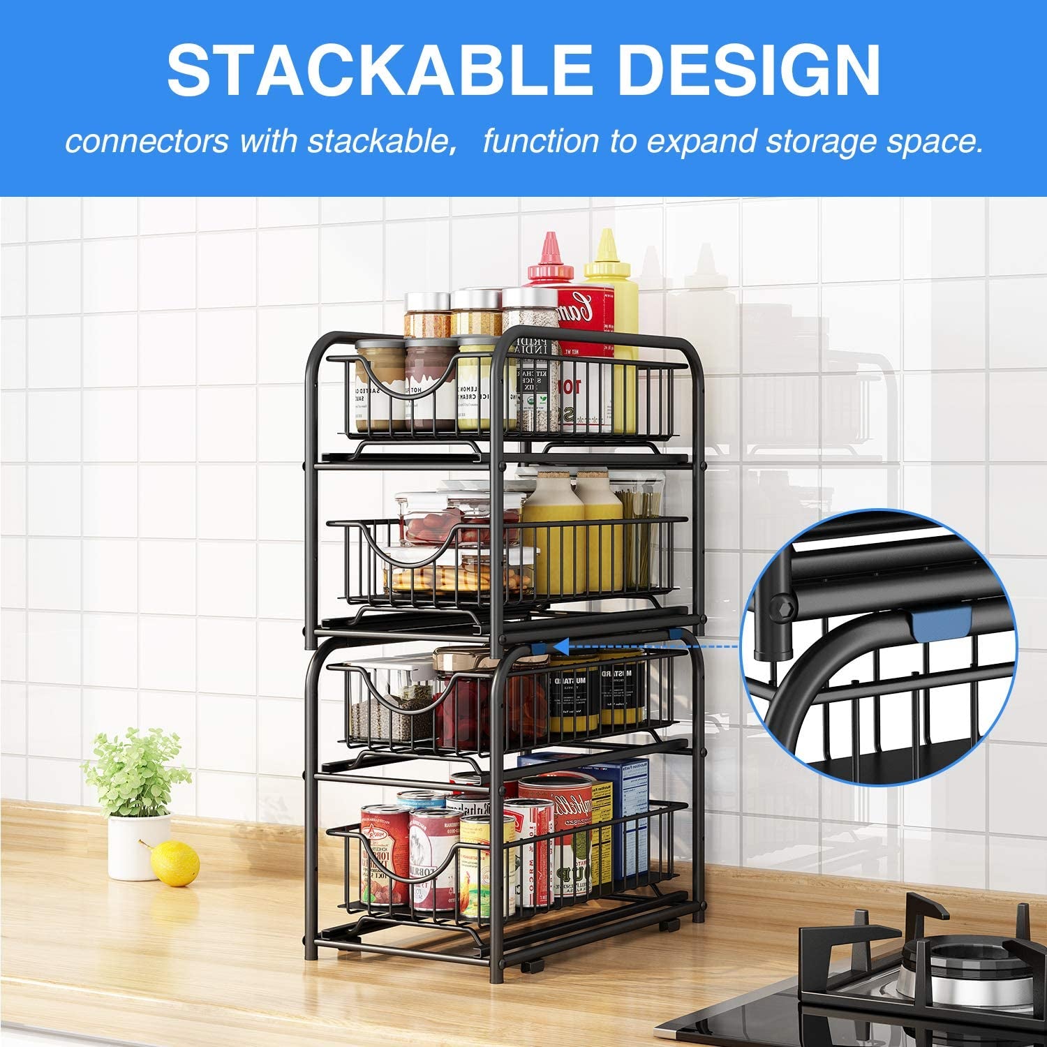 Maximize Your Space with Our 2-Tier Stackable Pull-Out Organizer – Perfect for Under Sink, Pantry, and Desktop! 🖤✨