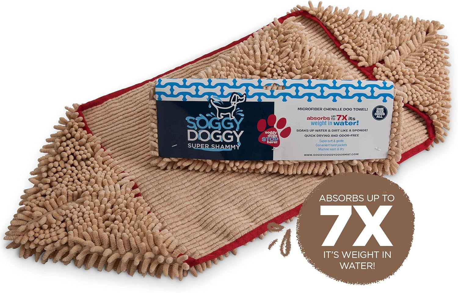 Soggy Doggy Super Shammy Microfiber Towel - Quick-Dry Dog Towel with Handy Pockets for Easy Drying & Paw Cleaning (Beige/Red Trim, 31” X 14”)