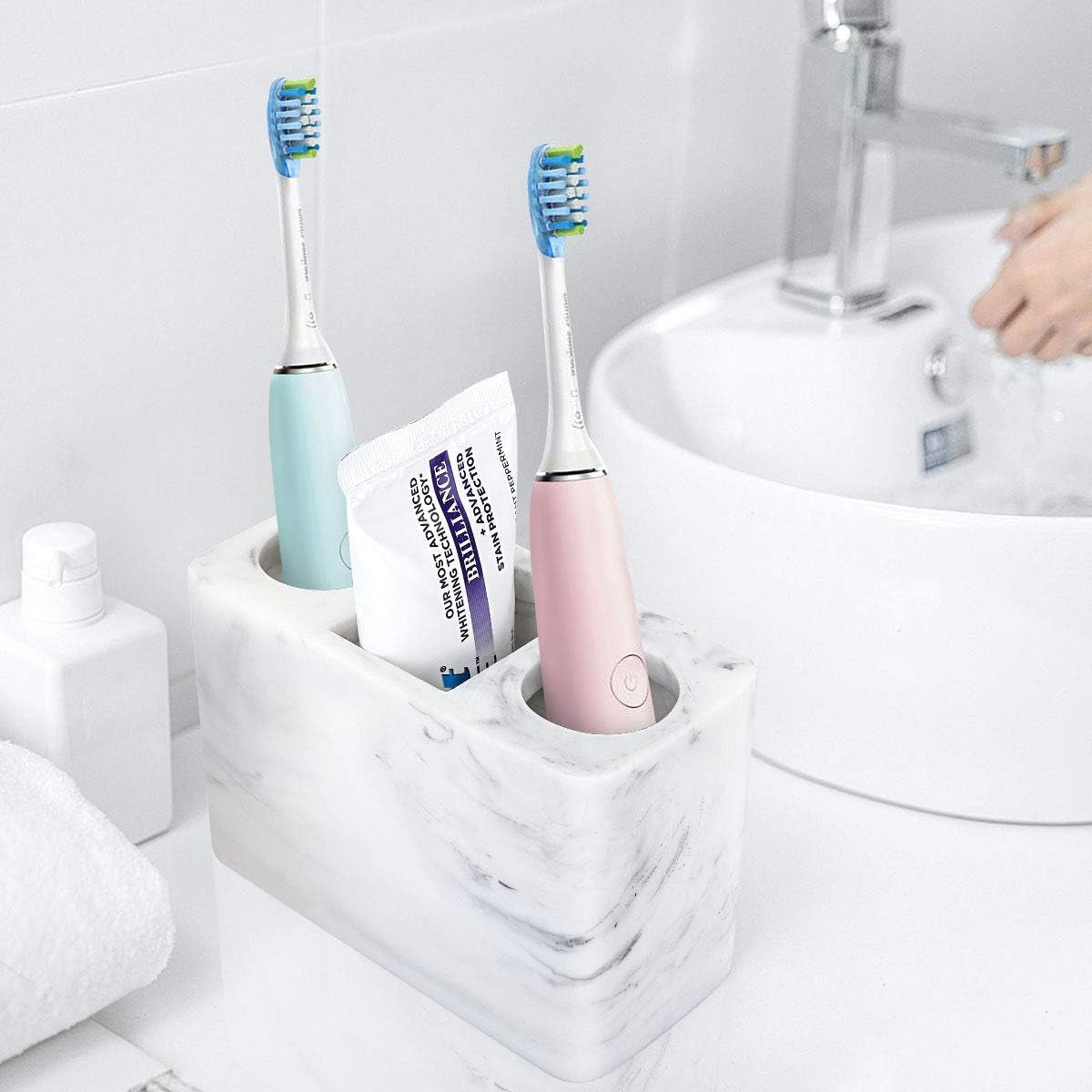 Stylish Large Marble Electric Toothbrush Holder - Keep Your Bathroom Organized with This Chic 3-Slot Resin Stand in Ink White!