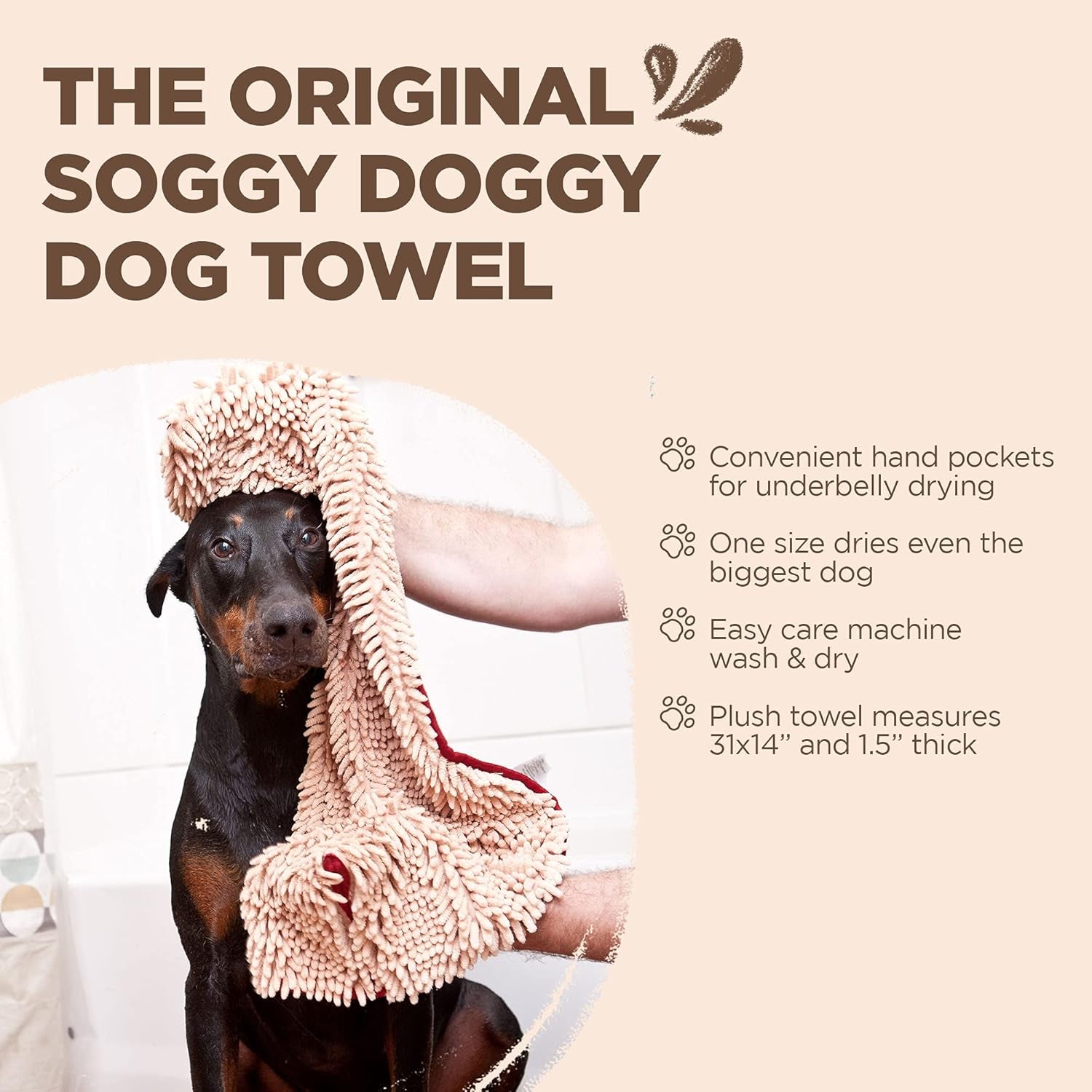 Soggy Doggy Super Shammy Microfiber Towel - Quick-Dry Dog Towel with Handy Pockets for Easy Drying & Paw Cleaning (Beige/Red Trim, 31” X 14”)